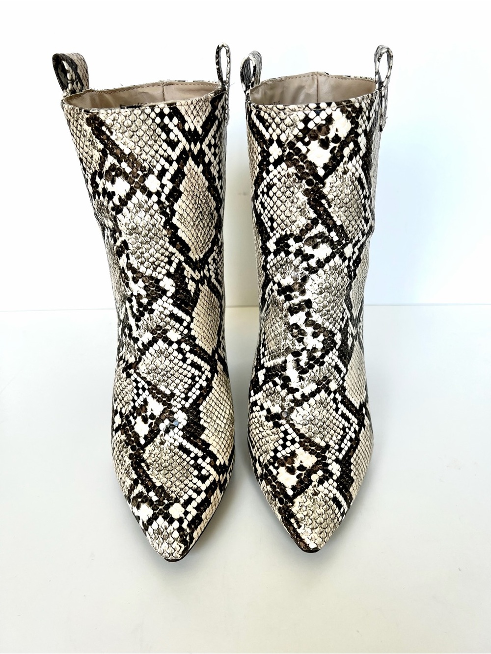 JustFab White and Black Snakeskin Pointed Toe Ankle Boots